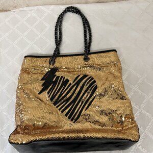Betsey Johnson Gold Sequin Zebra Heart Tote Bag Purse Chain Handles